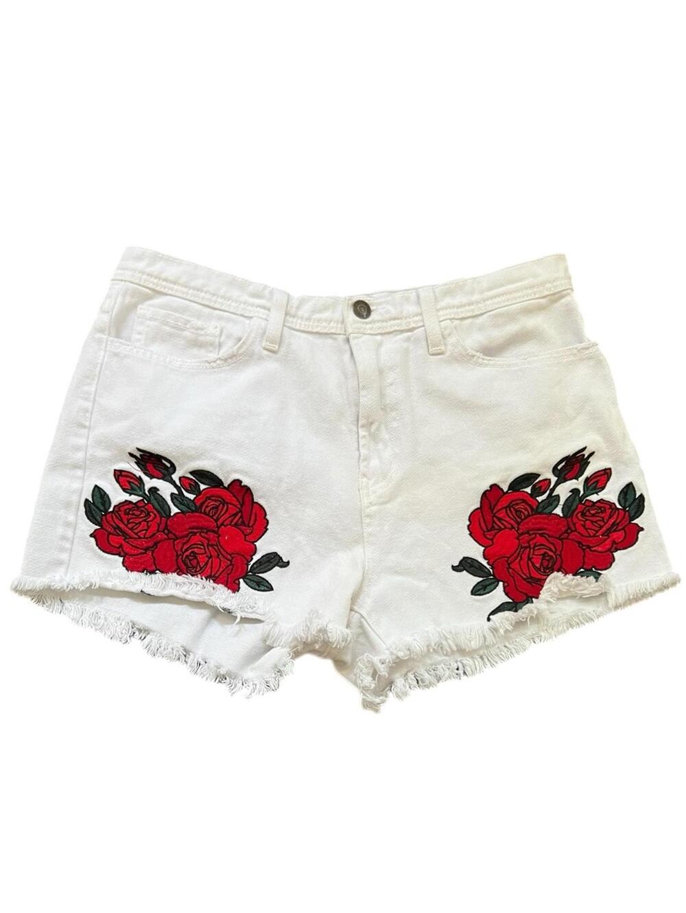 Flying Monkey White Denim Shorts with Red Rose Embroidery